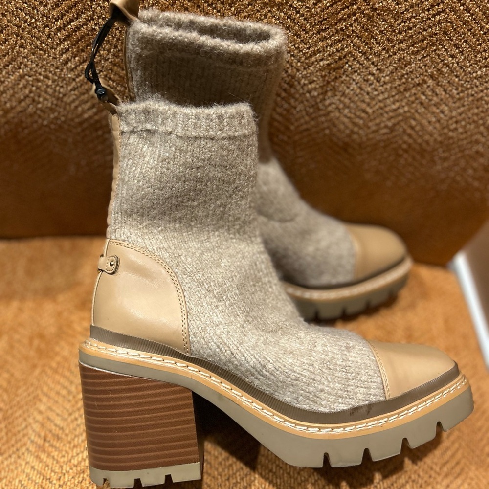 Sam Edelman Taupe Knit & Leather Lug Sole Block Heel Booties